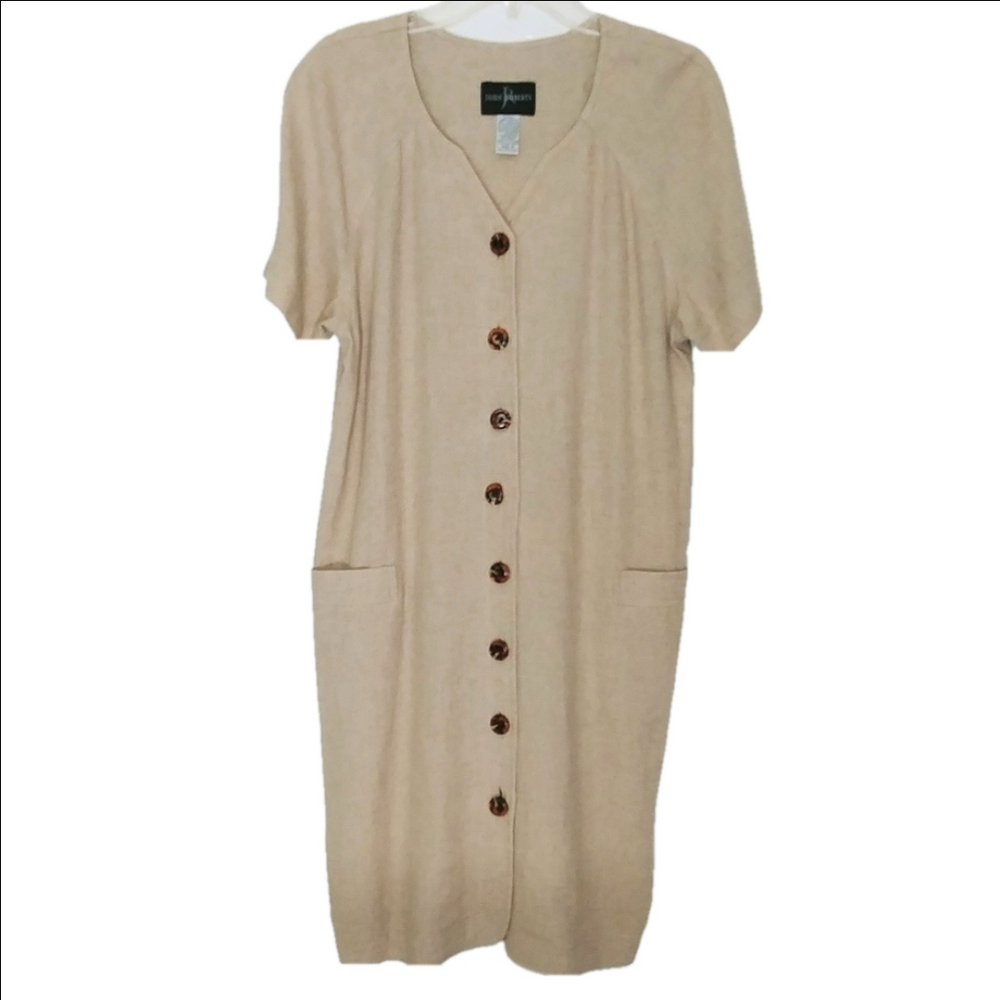 John Roberts Midi Slip Dress Linen Beige Button‎ Up Short Sleeve Size 10